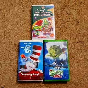 3 VHS Dr. Seuss Cat In The Hat & How The Grinch Stole Christmas